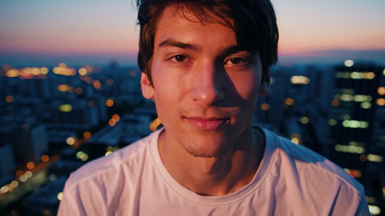 Young man with closed eyes is enjoying a serene moment at sunset, capturing the peaceful ambiance of the city skyline in a tranquil scene