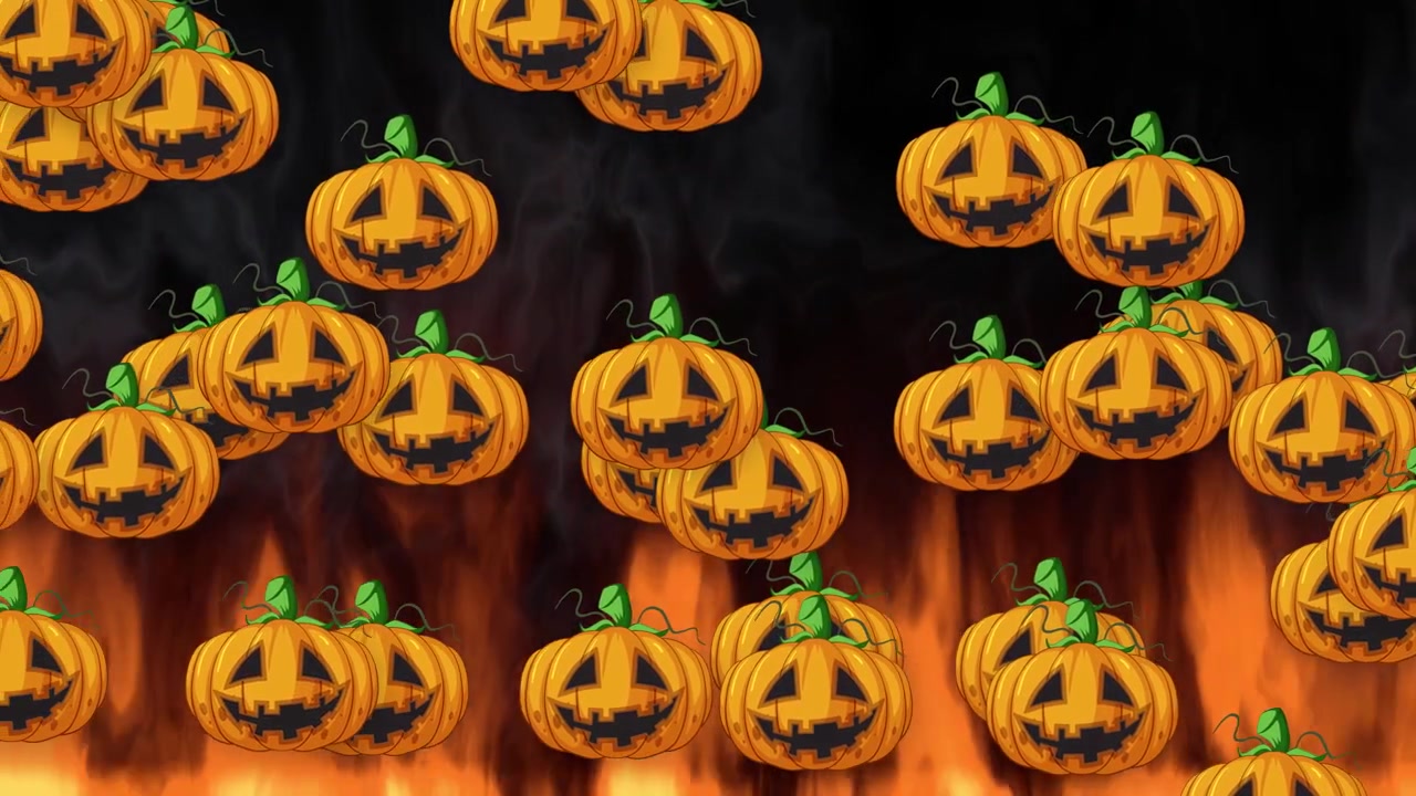 Cartoon pumpkins float across a dark background with realistic fire flames and rising smoke.