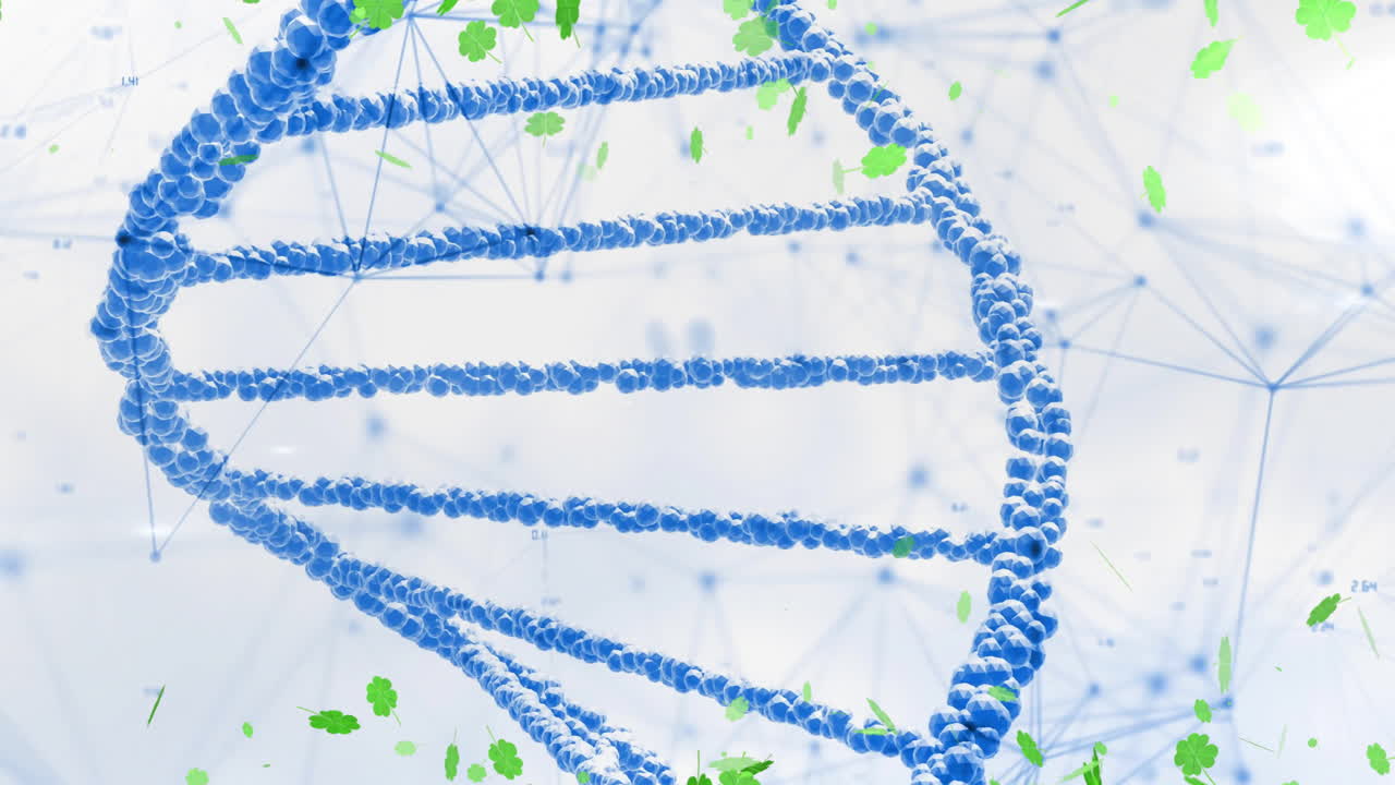 DNA strand with green clovers and network connections in scientific animation