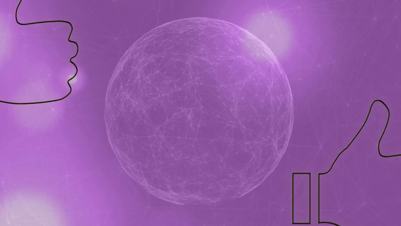 animación de iconos de neón y globo sobre fondo violeta