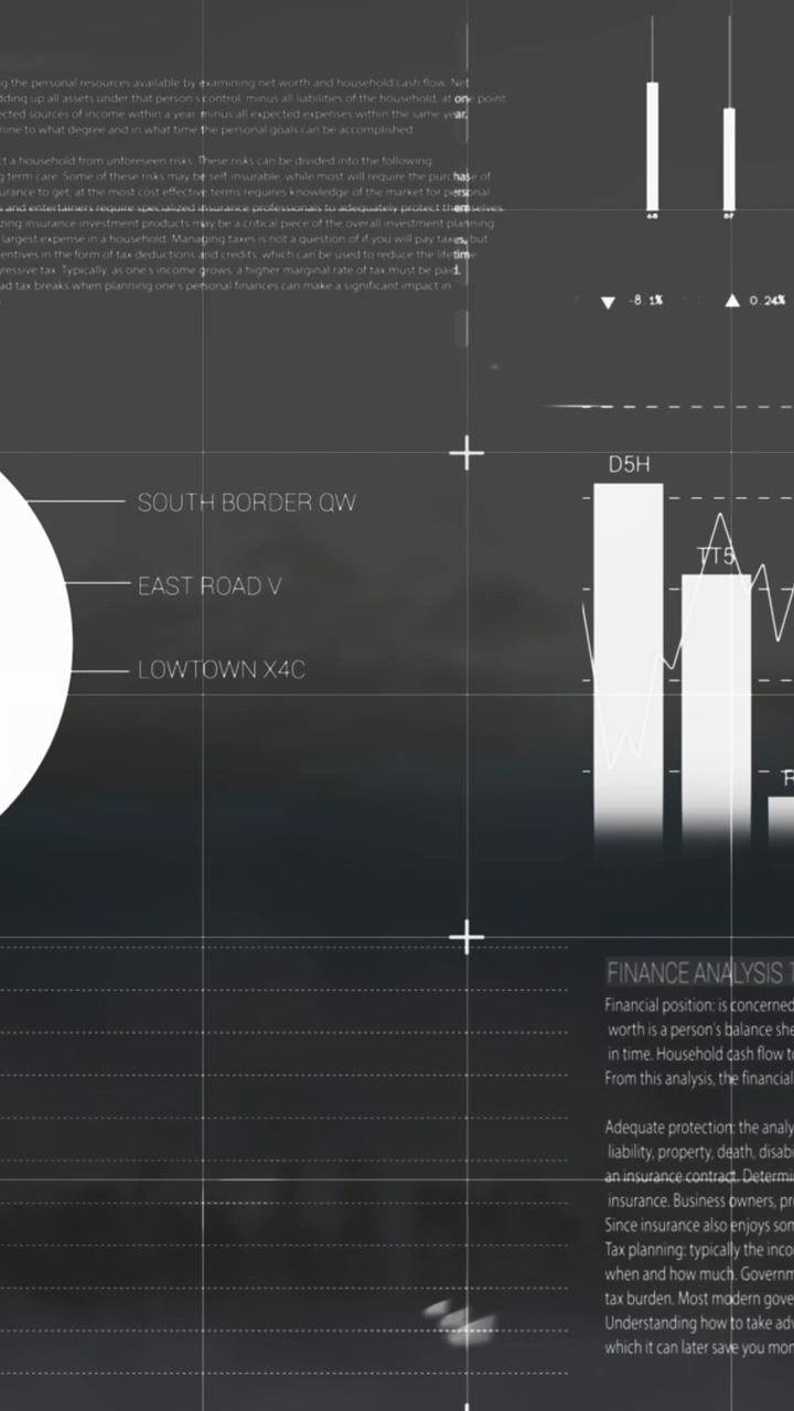 Animazione di interfaccia infografica su paesaggio urbano moderno con cielo nuvoloso.