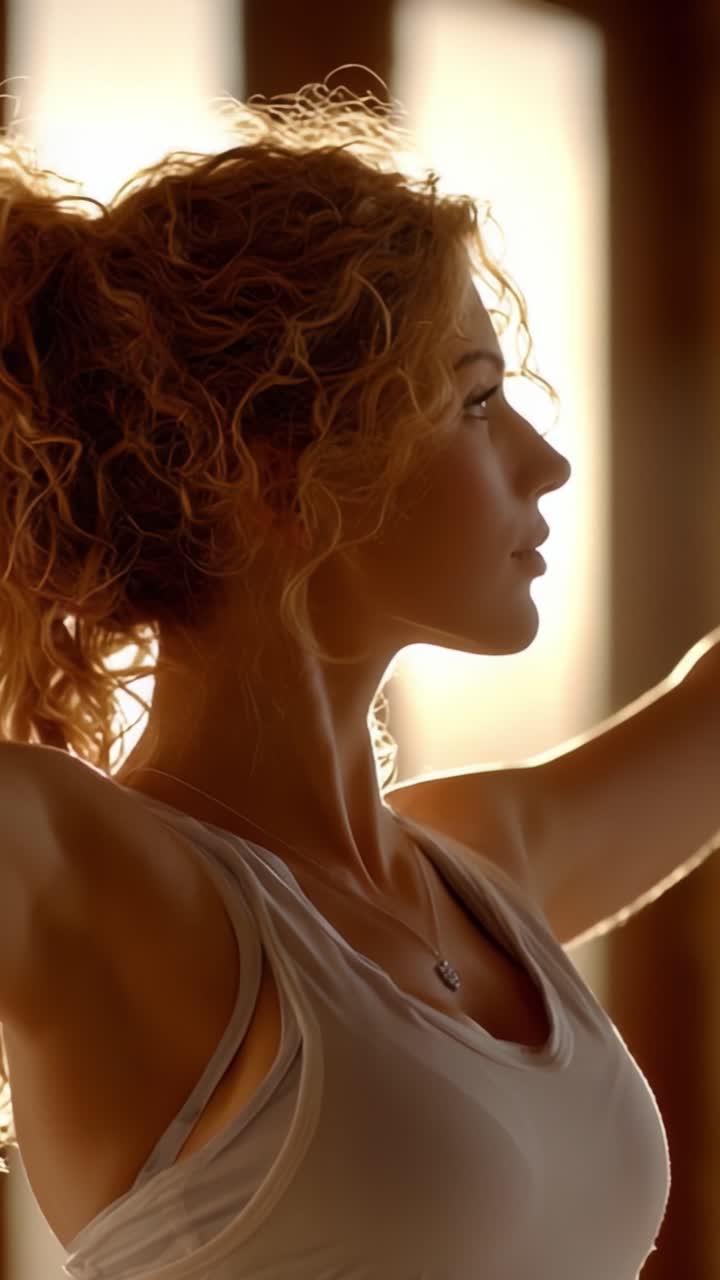 Un Perfil Sereno de una Mujer con Cabello Rizado Abrazando la Tranquilidad mientras la Luz del Sol Ilumina su Silueta, Capturando un Momento de Paz Interior y Reflexión