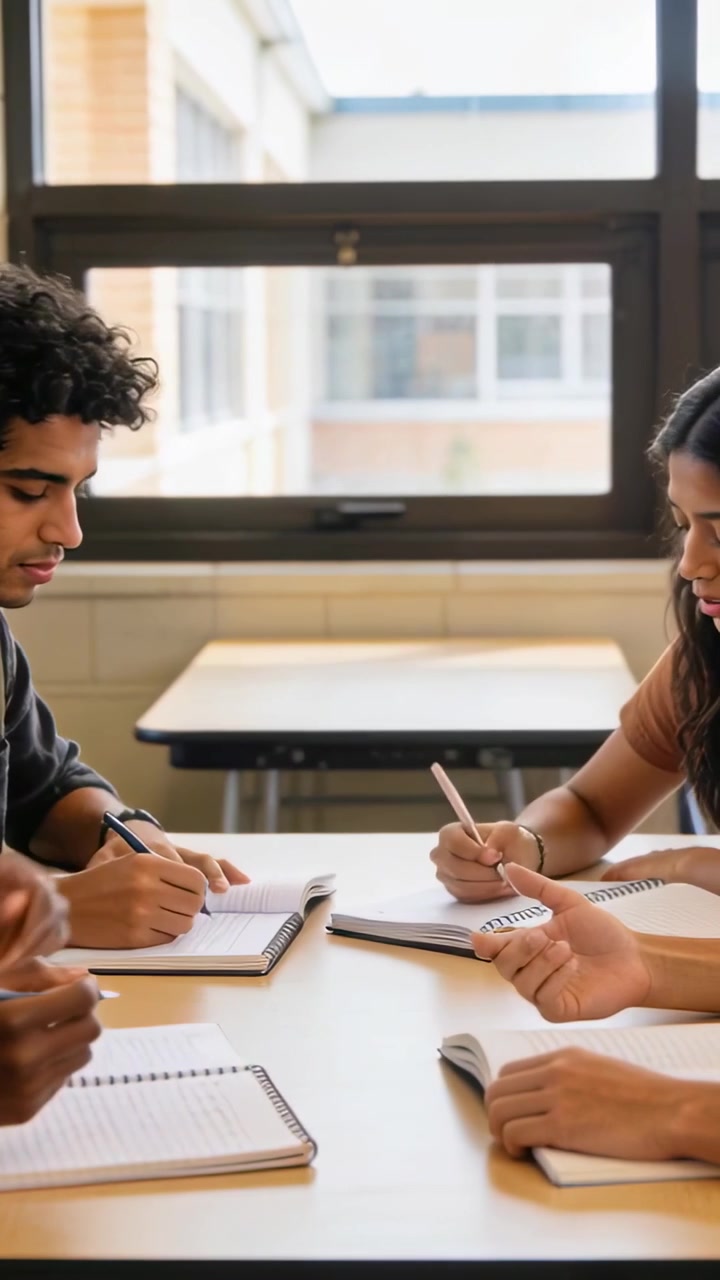 Vertical video: Turning spiral notebook, pair at school table by window consulting notes for class