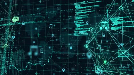 Animation-of-two-spinning-globes-of-digital-icons-and-data-processing-against-world-map