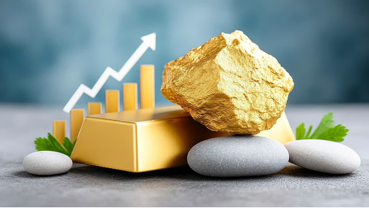 Gold and silver on a table with a chart. Gold bars and a gold nugget sit on a table with stones and a growth chart in the background