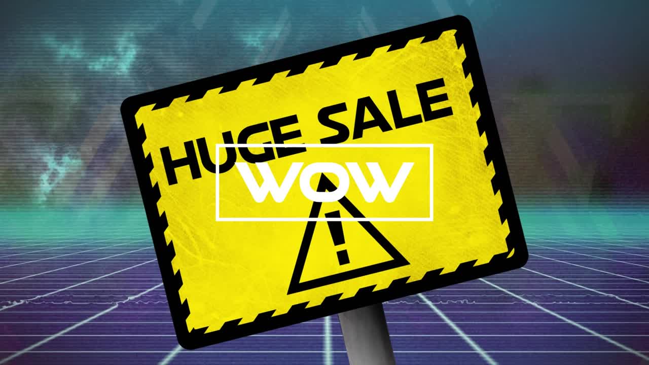 Büyük indirimli panoda 'Wow' yazısı ve yeşil mor dijital alan animasyonu