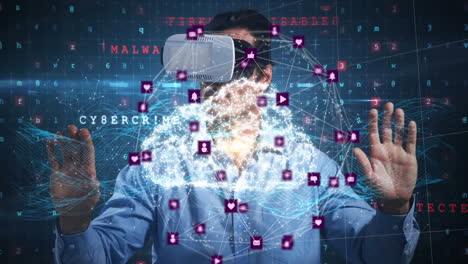 animation of network of connections with icons over man wearing vr headset and data processing