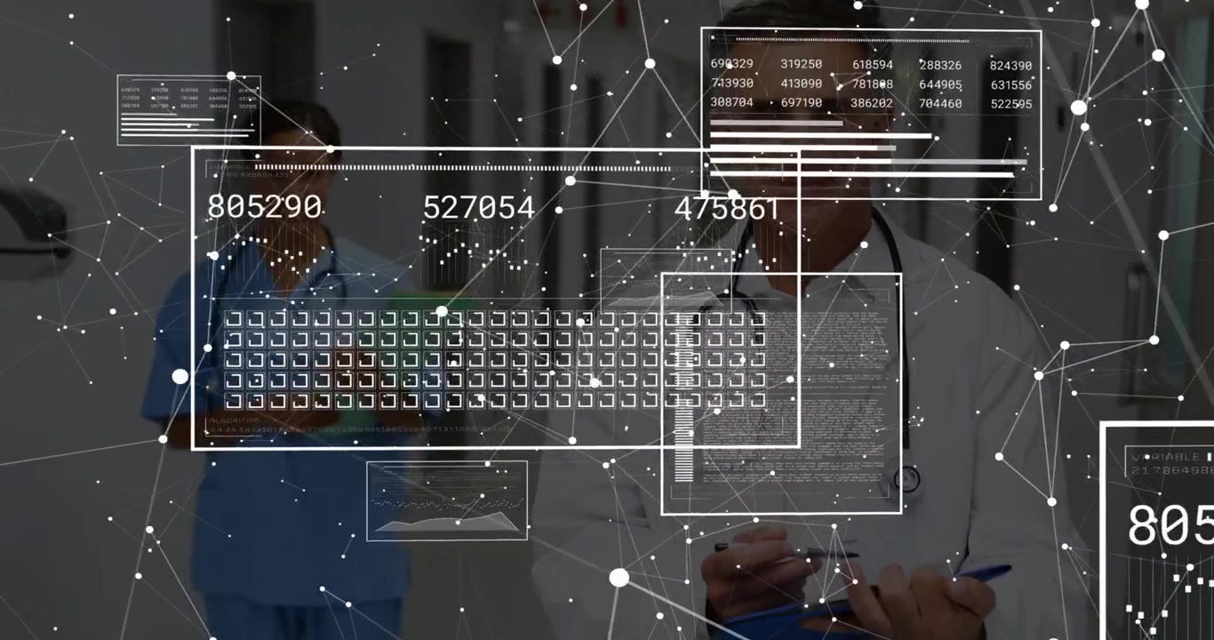 Doctor tapping tablet and nurse walking, generating health data overlays monitoring patient metrics