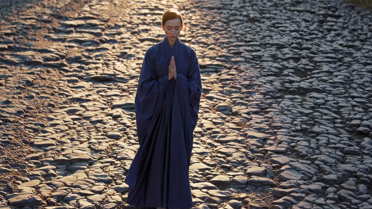 Individual in traditional attire stands serenely on a cobblestone path, hands in prayer position, embodying tranquility and mindfulness in a natural setting