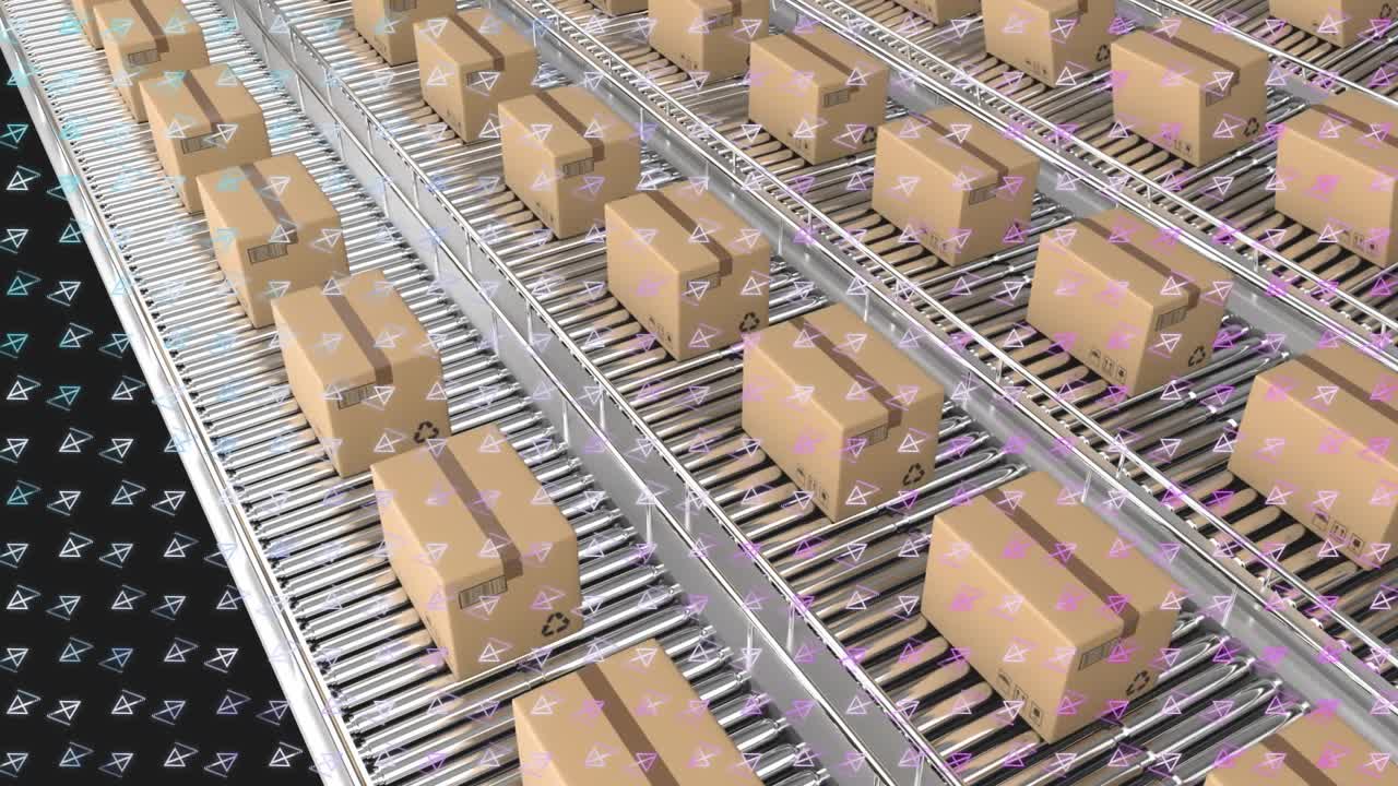 Animation of triangular shapes over cardboard boxes moving on conveyor belt in factory