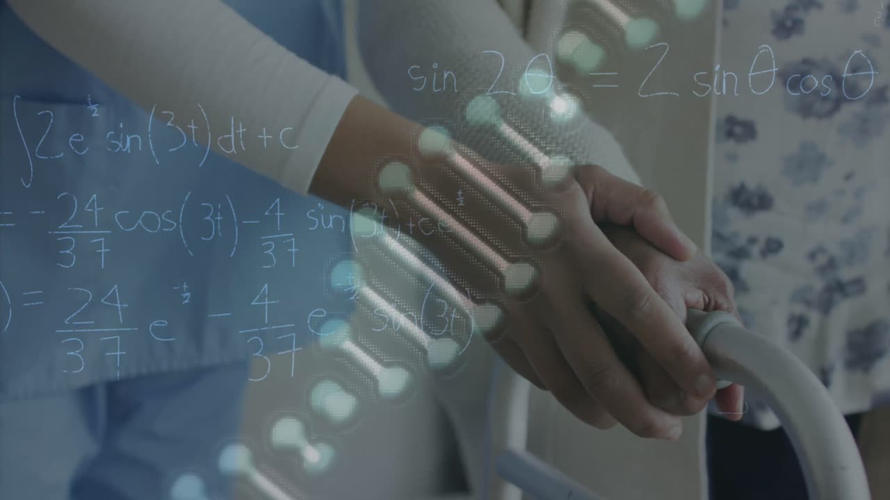 환자를 돕는 백인 여성 간호사에 대한 의료 데이터 처리 애니메이션