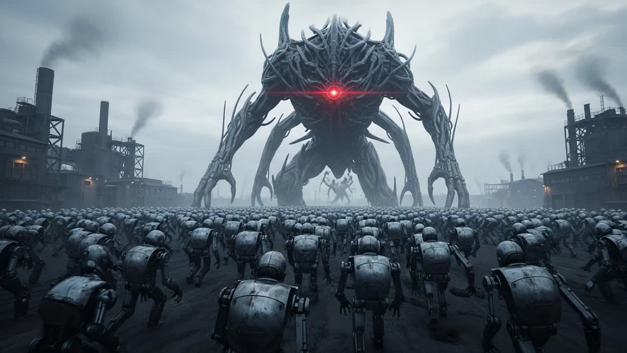 An imposing, monstrous figure towers over a legion of robotic soldiers, set in a dystopian landscape filled with smoke and industrial structures, creating an atmosphere of tension and anticipation.