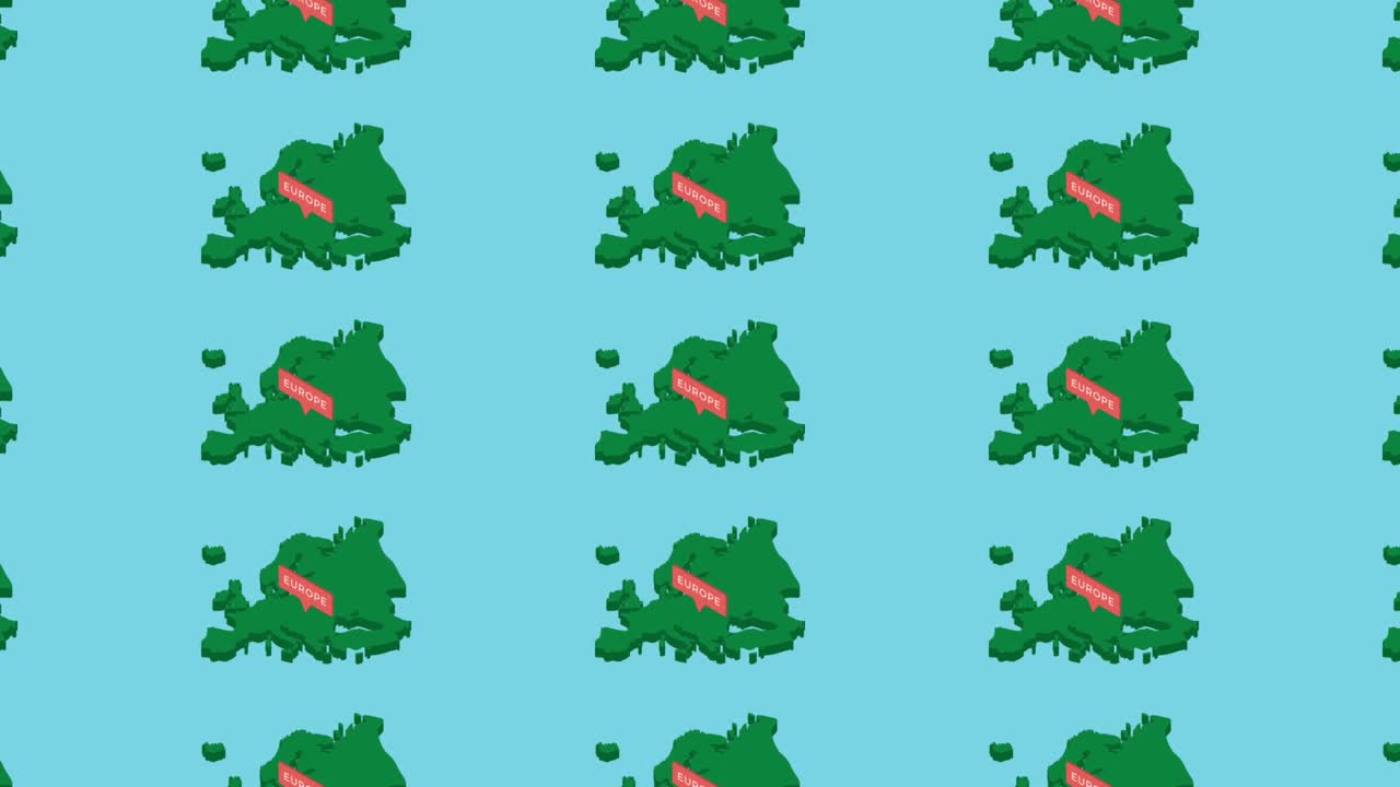 Green isometric Europe continent map with orange pointer on a blue background. Seamless loop horizontal movement of fake 3d geographic map concept
