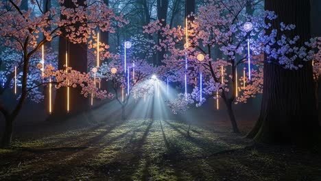 enchanting forest scene with illuminated cherry blossoms and ethereal light rays creating a dreamlike atmosphere in a mystical setting