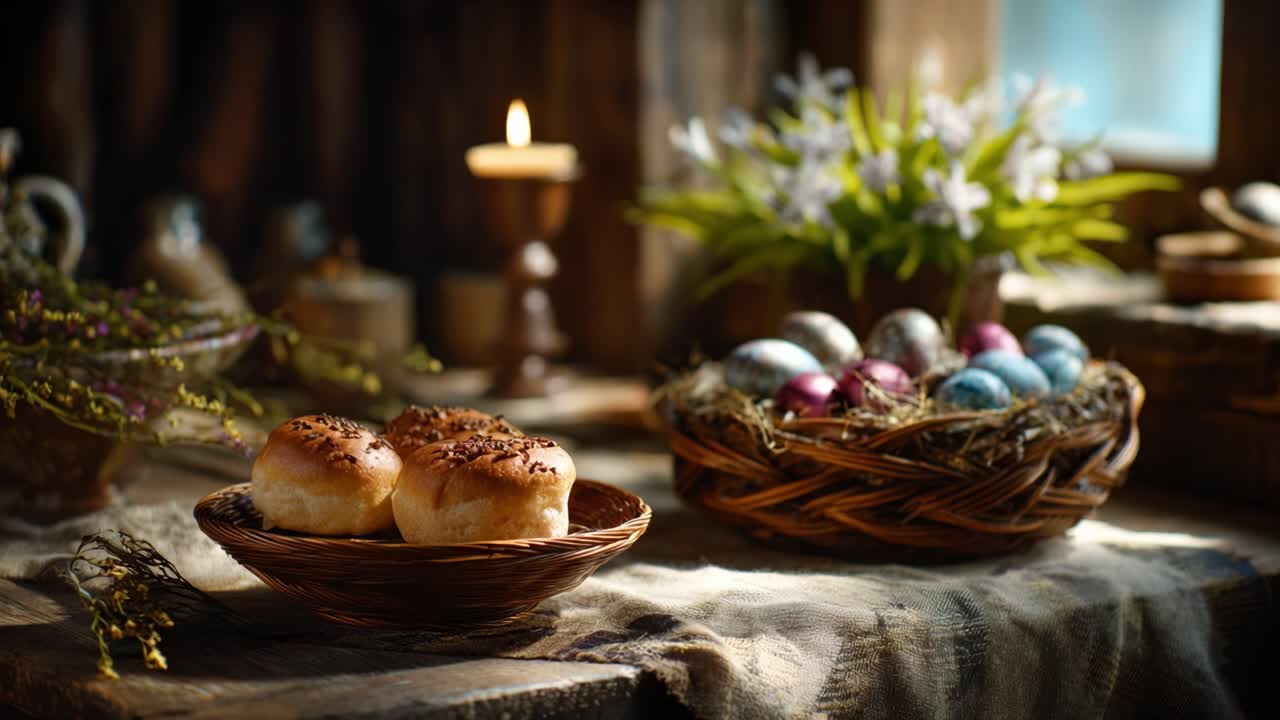 Rustic Still Life Featuring Freshly Baked Bread Rolls, Decorative Eggs, and Candles in a Cozy Atmosphere of a Natural Wooden Setting
