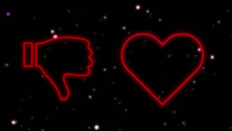 Animation-of-red-neon-heart-and-thumbs-up-and-down-and-cloud-signs-flashing-on-cosmos-background