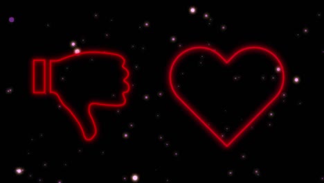 animation of red neon heart and thumbs up and down and cloud signs flashing on cosmos background