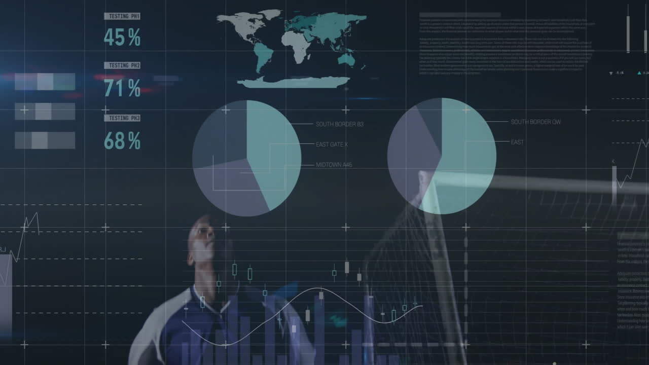 Playing soccer, athlete with animation of data analytics and world map overlay