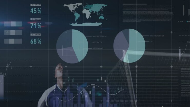 Playing soccer, athlete with animation of data analytics and world map overlay