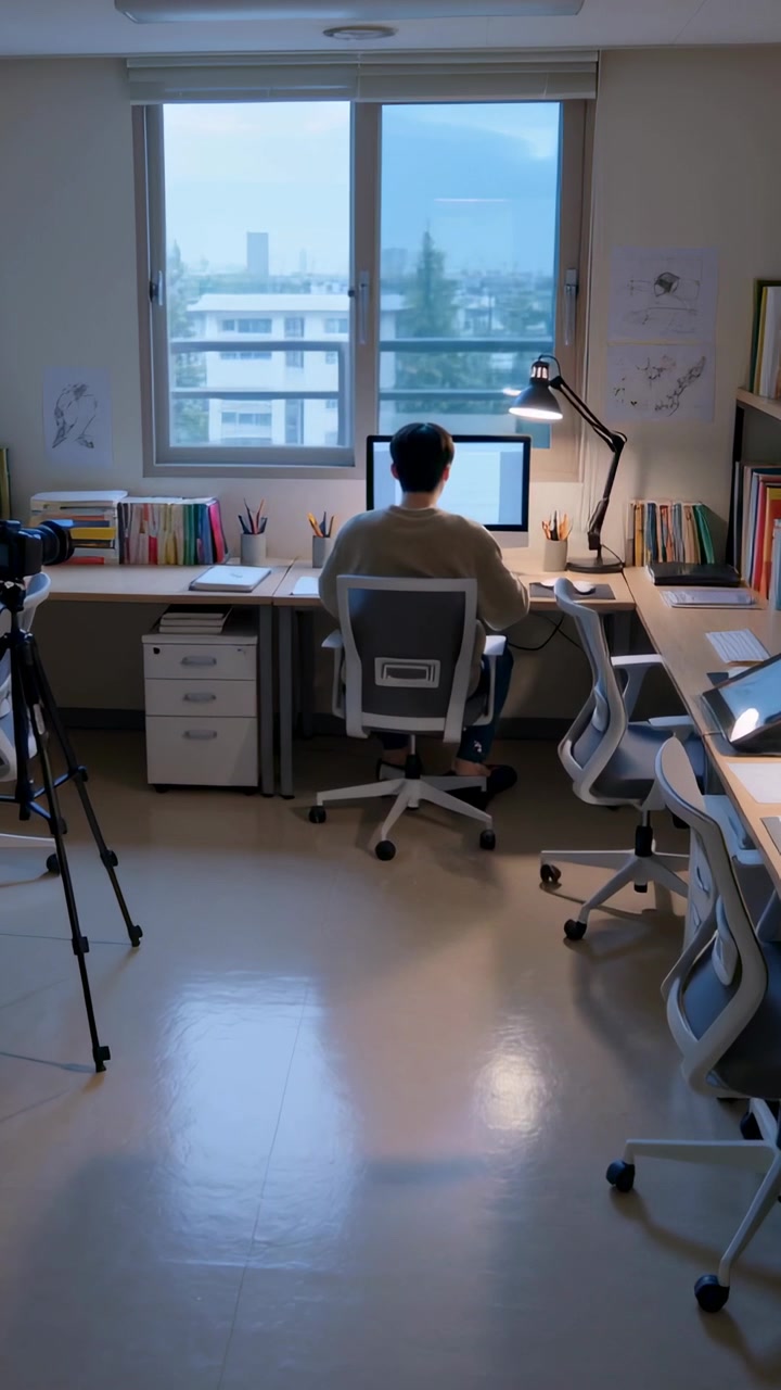 Video verticale: Un uomo con un maglione leggero si china alla scrivania, reagendo al monitor e allungando la penna vicino al monitor.