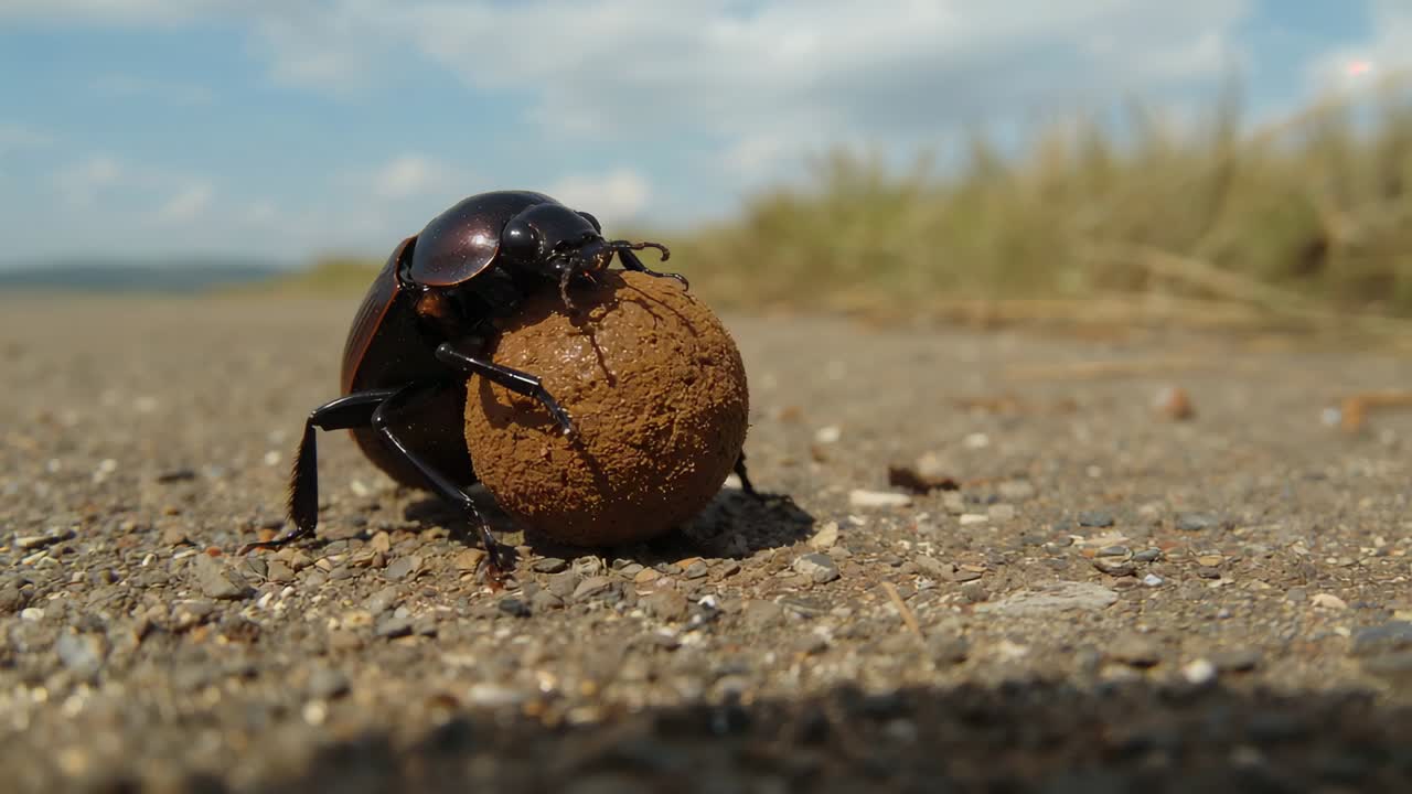 Pushing dung beetle rolling round dung ball on sandy shore after passing shadow, for nesting