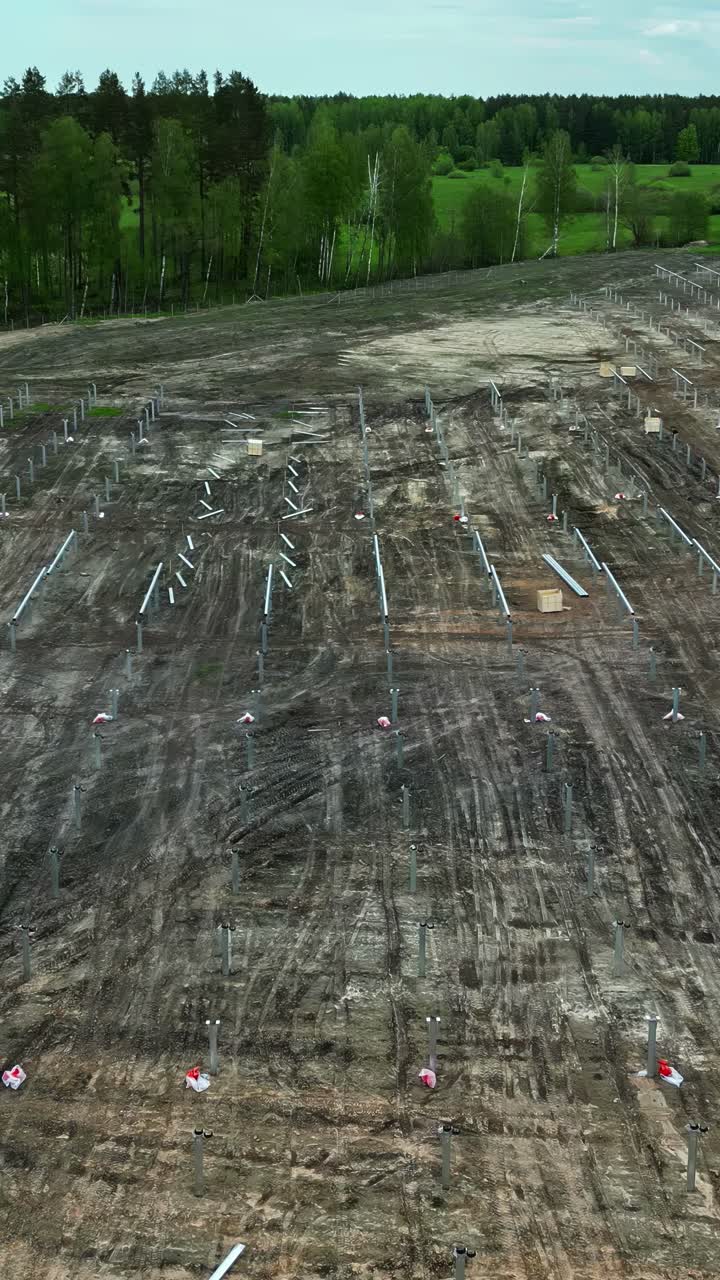 Huge area for solar panel construction project, aerial drone vertical view