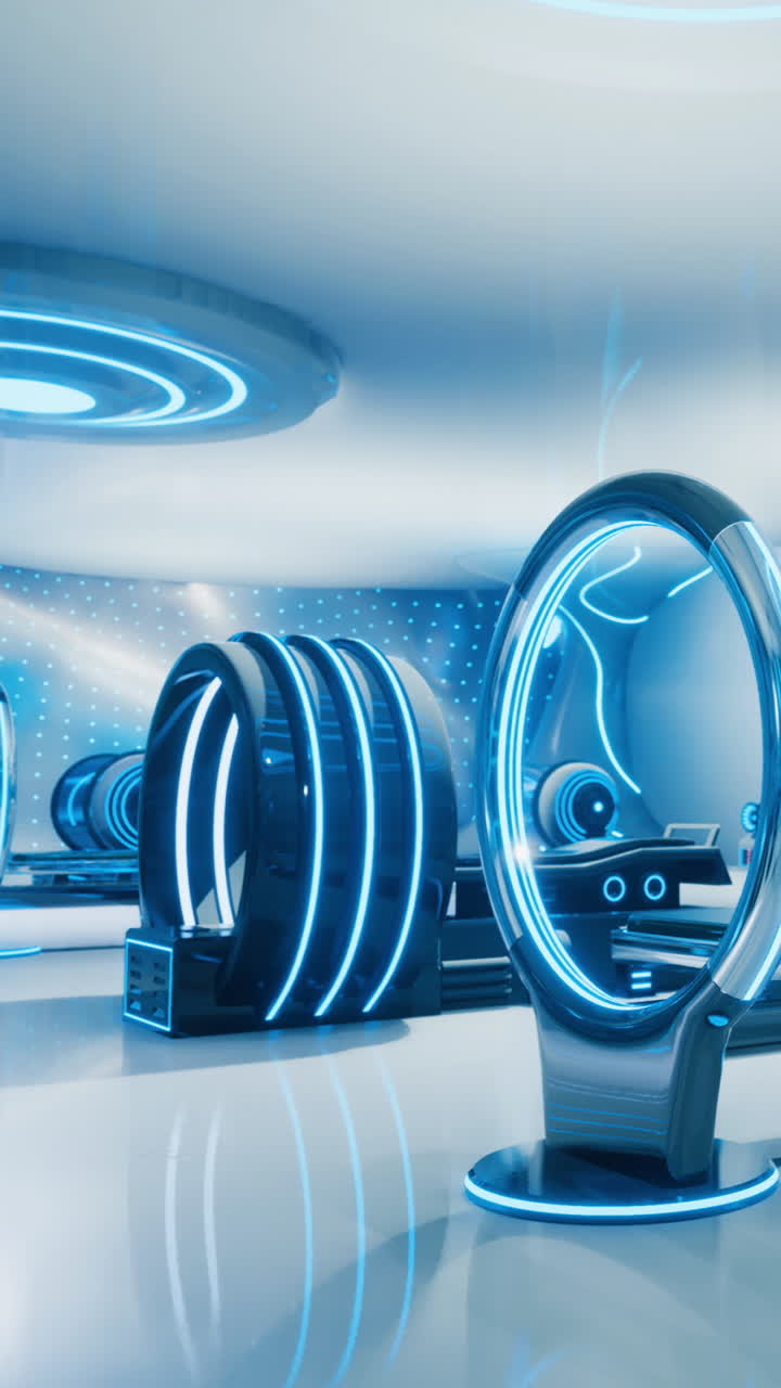 Modern technology display in a futuristic exhibition space with glowing designs