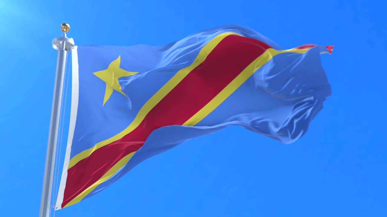 bandera de la república democrática del congo agitando al viento con cielo azul, bucle