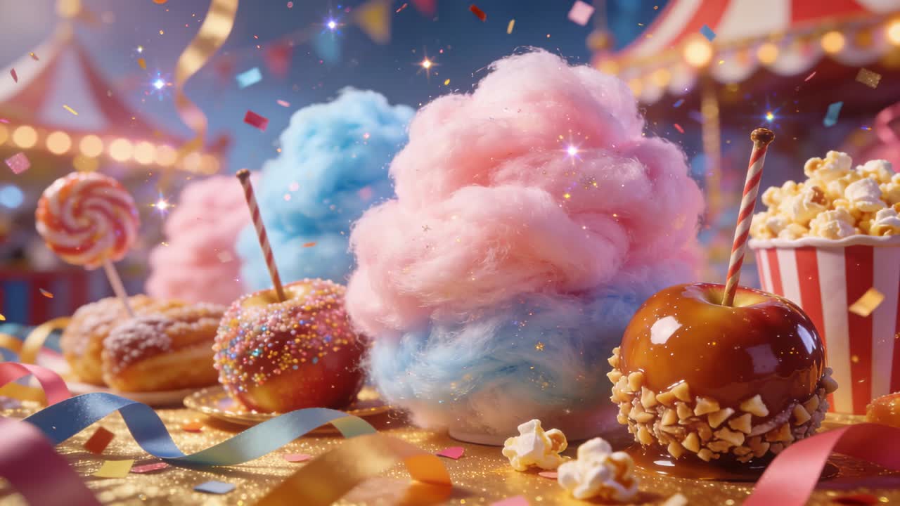 Afslører lyserød-blå candyfloss, der gløder på et guldbord, skabende feststemning, mens vinden sender konfetti.