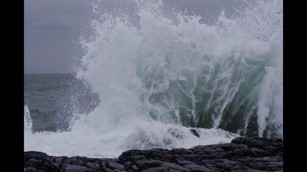 강한 파도가 바위 위에 부히고