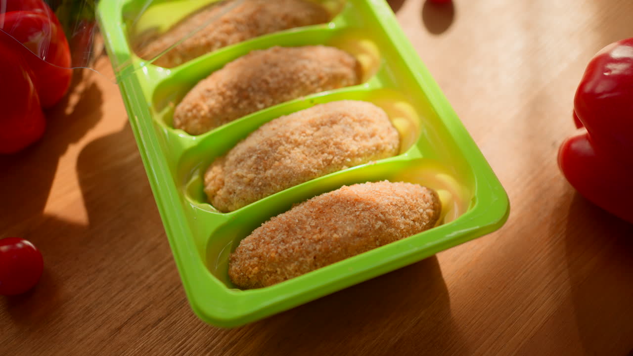 Frozen Breaded Chicken Cutlets in a Plastic Tray