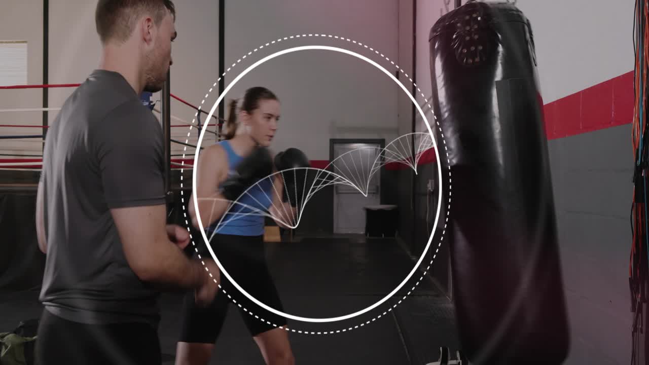 Coach tapping mitts, trainee practicing boxing jabs and hitting bag for form, overlay showing form
