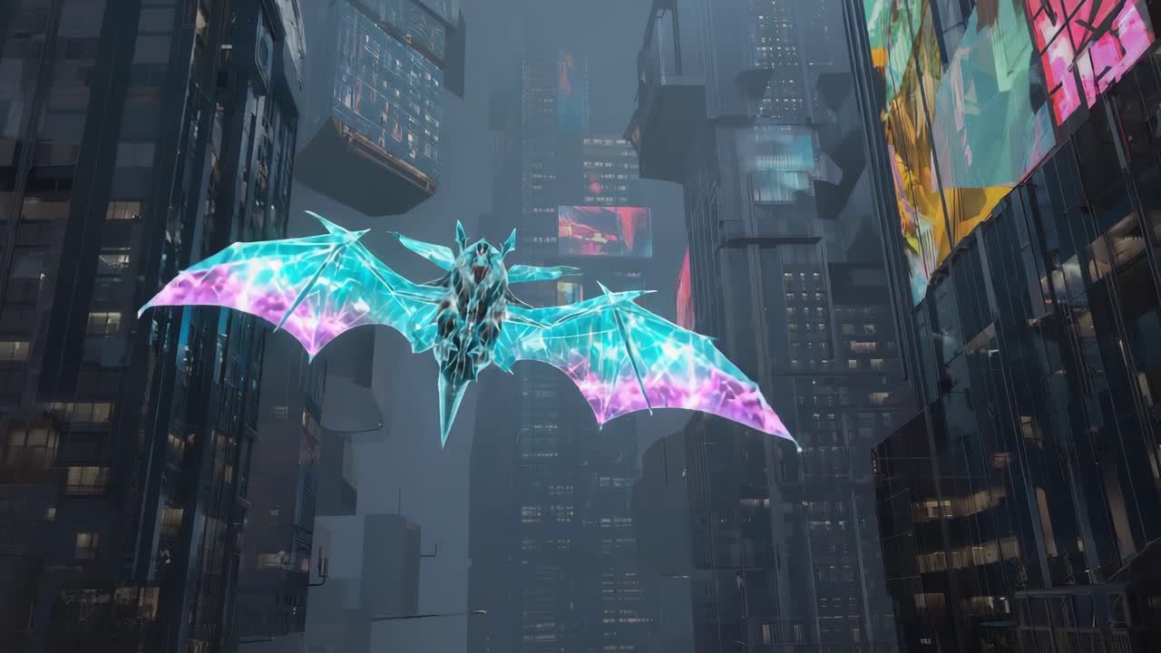 Futuristic Creature Flying Through a Cyberpunk City