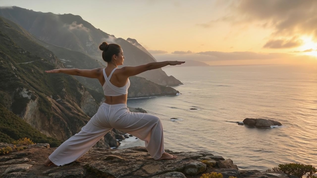 Giovane donna che pratica yoga su una scogliera rocciosa che si affaccia sull'oceano durante il tramonto.