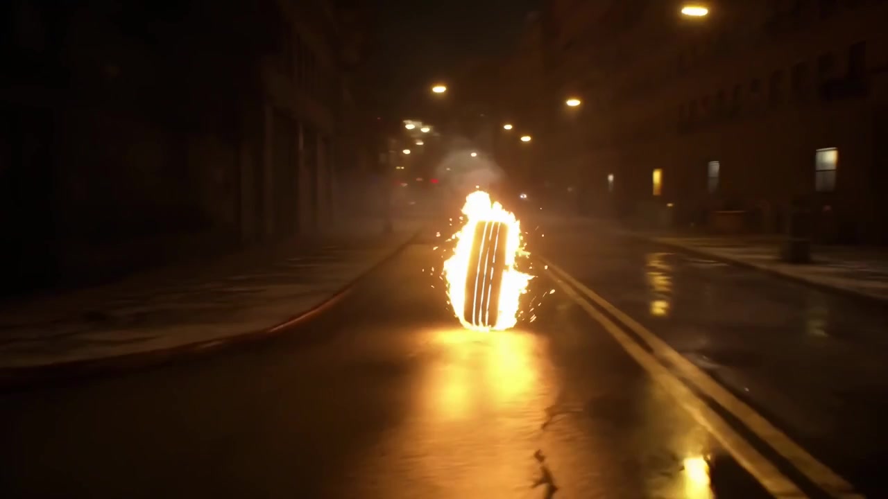 Un pneumatico in fiamme che rotola lungo una strada cittadina buia di notte