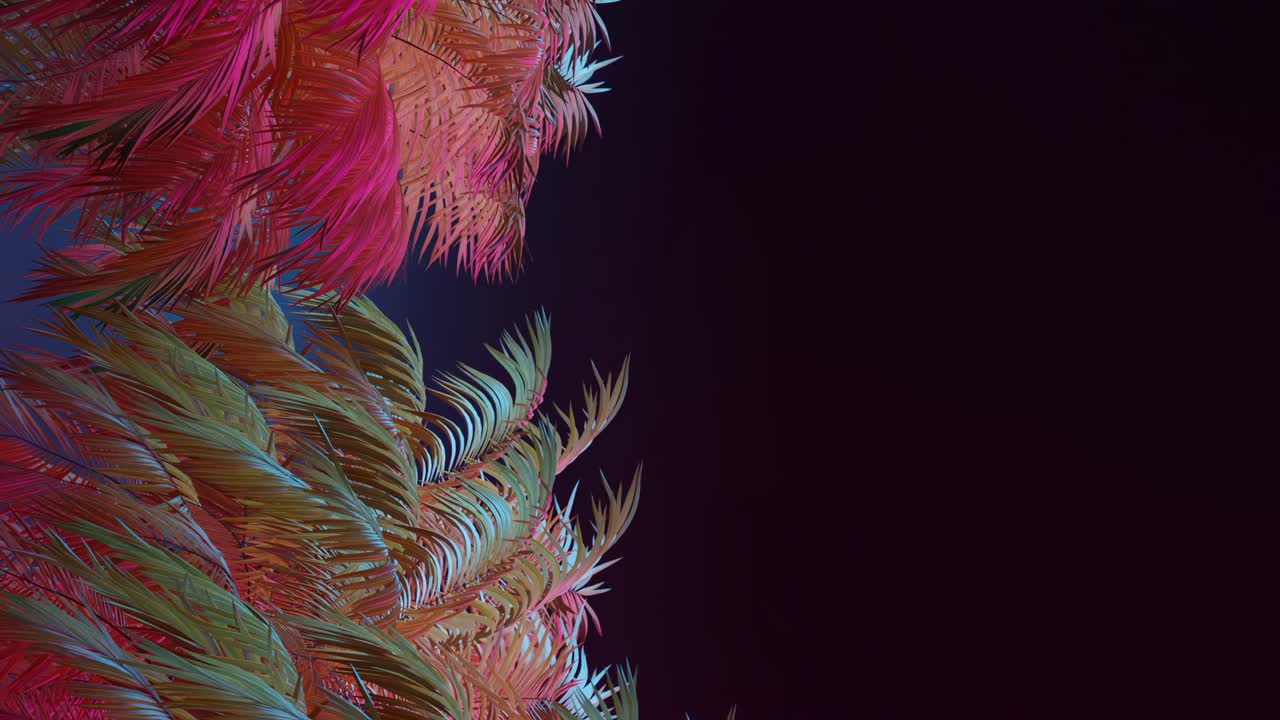 밤 하늘 배경에 열대 다채로운 야자수, 세로 3d 렌더링