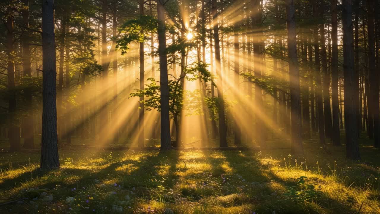 Enchanting Golden Light Filtering Through a Tranquil Forest Scene, Casting Magical Rays Among the Trees and Illuminating the Underbrush in a Peaceful Natural Setting