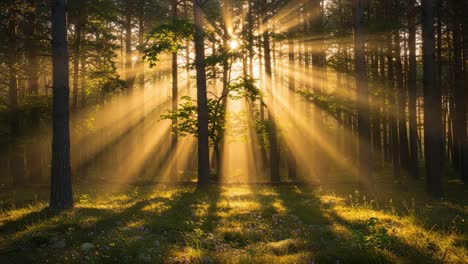 enchanting golden light filtering through a tranquil forest scene, casting magical rays among the trees and illuminating the underbrush in a peaceful natural setting