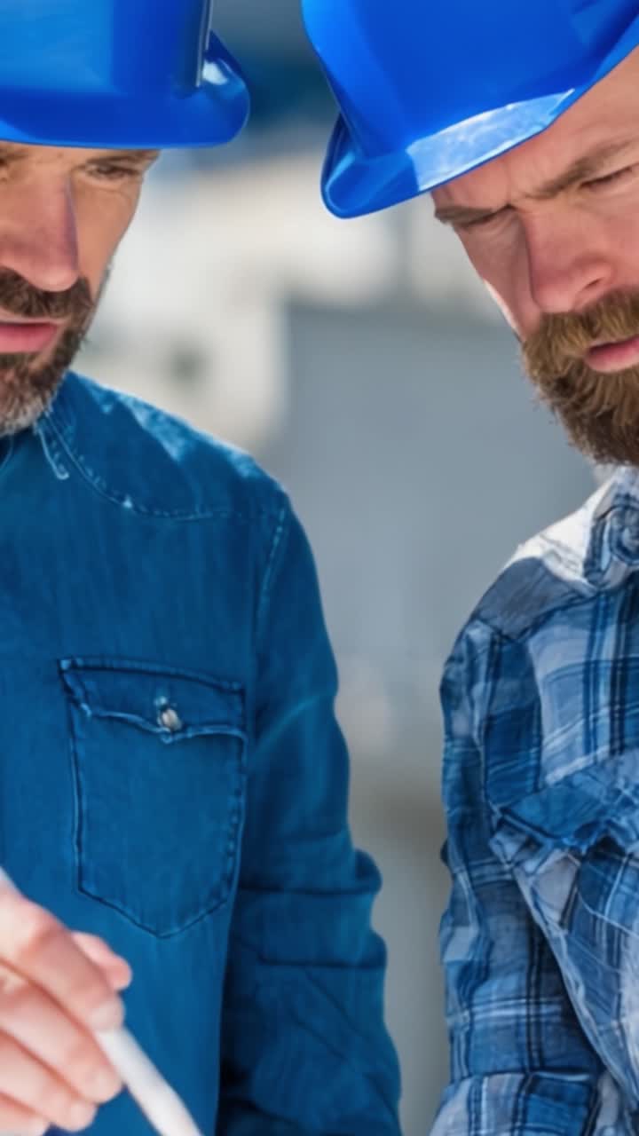 Two Construction Workers Collaborate on Project Plans Wearing Hard Hats, Focused on Work, Analyzing Documents with Attention to Detail in a Project Setting