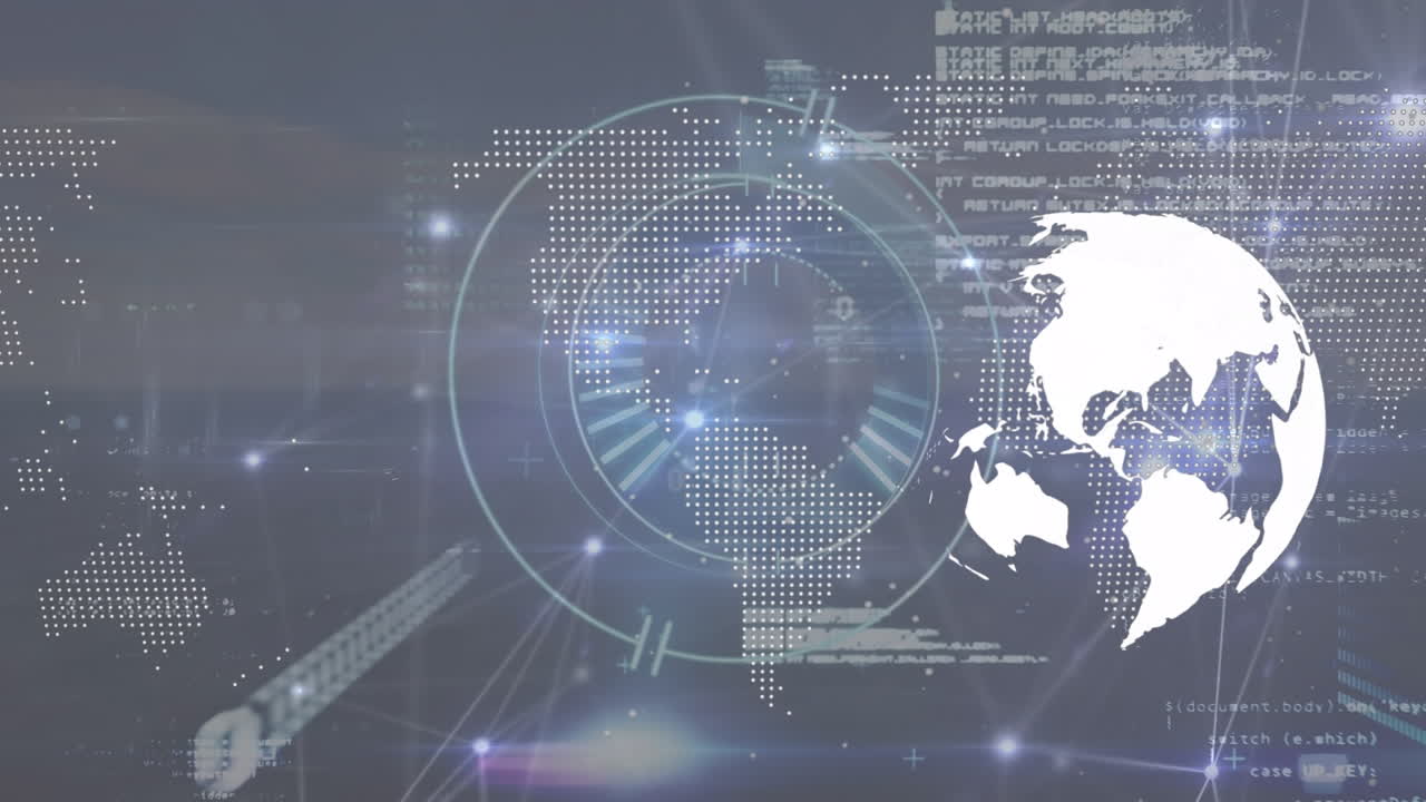 둥근 스캐너와 세계 지도와 회전하는 지구상의 연결 네트워크의 애니메이션