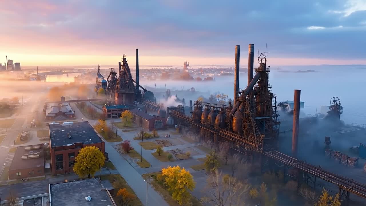 A view of an industrial area with a lot of smoke coming out of the chimneys
