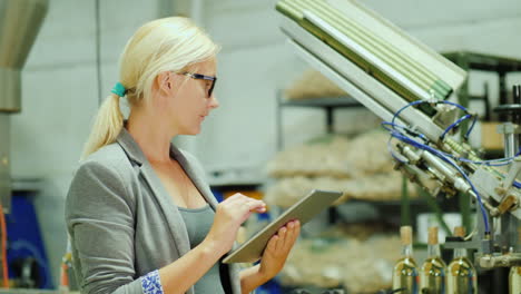 woman uses tablet in wine bottling plant