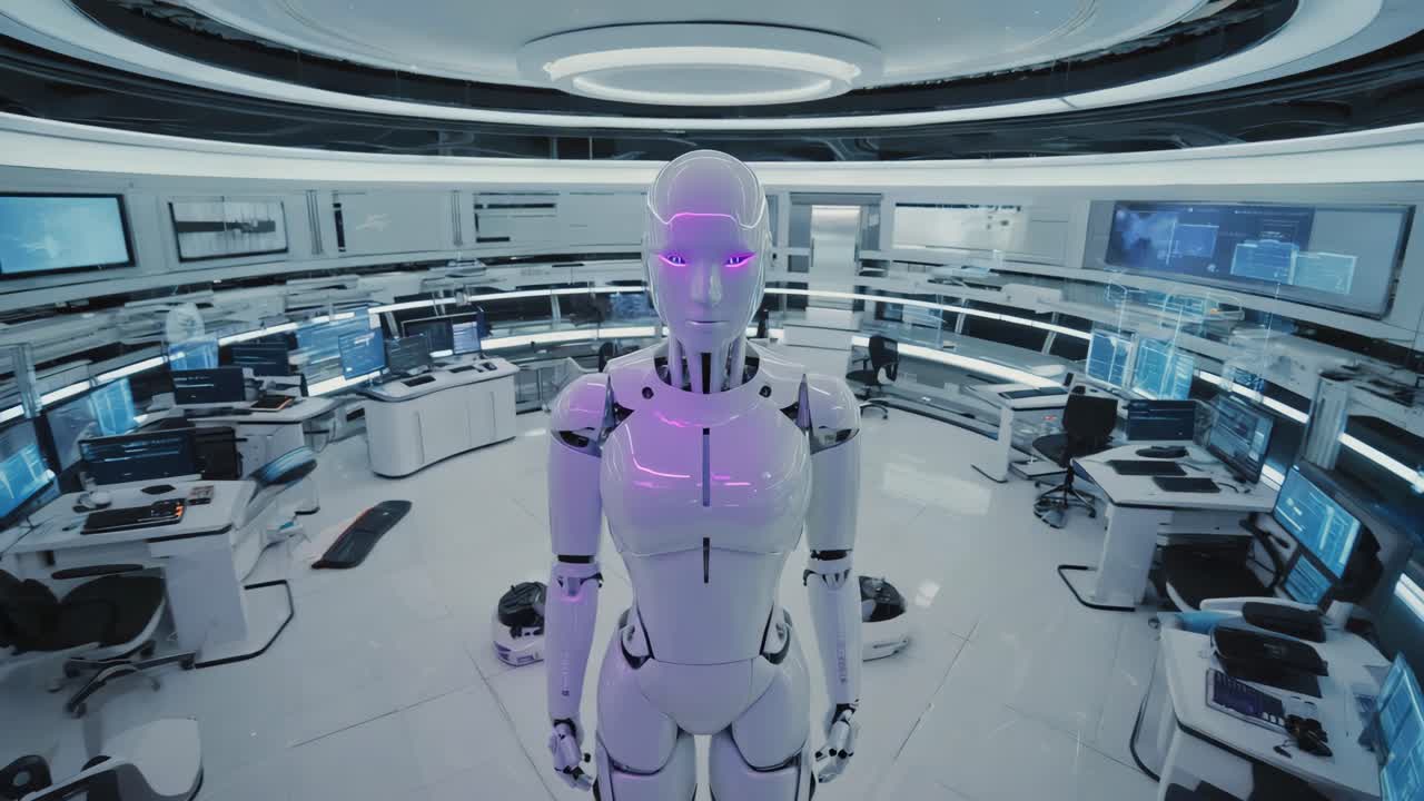 Futuristic Robot in Control Room