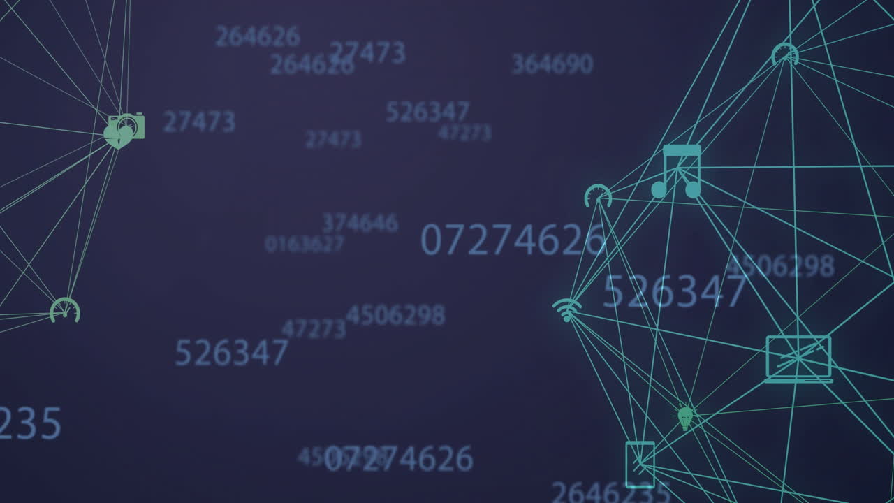 Animation of network of connections with icons and data processing over blue background