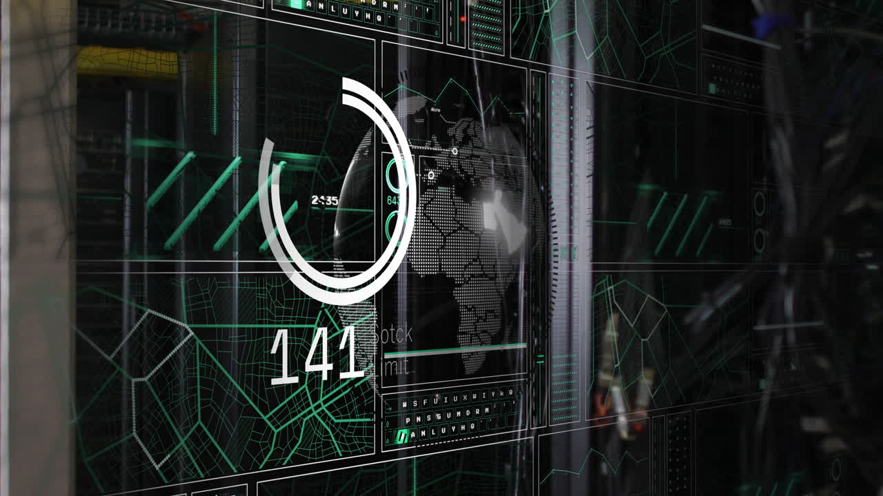 animación de procesamiento de datos digitales sobre interfaz futurista con mapas y gráficos del mundo