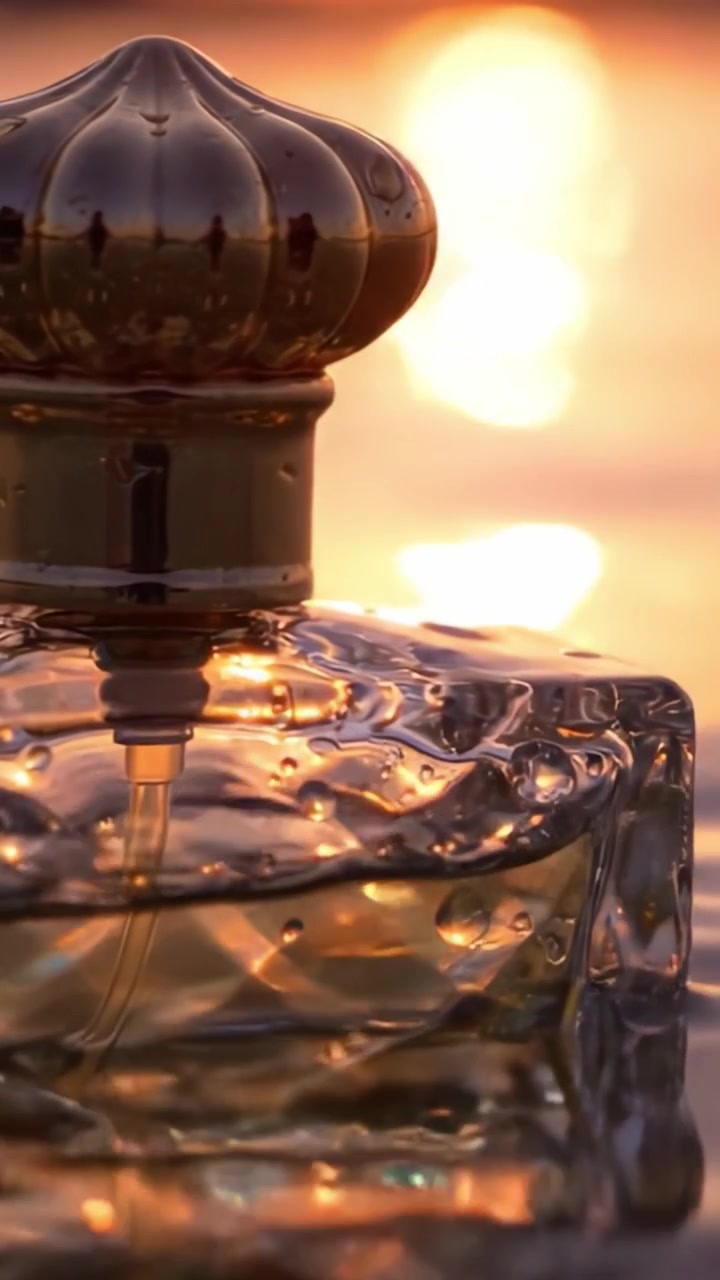 Uno sguardo accattivante a un flacone di profumo che riflette la luce dorata del tramonto, mettendo in mostra il suo design elegante e la superficie acquatica circostante, creando un'esperienza visiva mozzafiato
