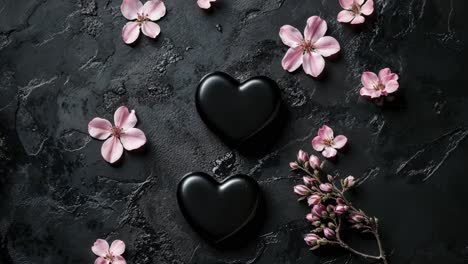 Pink Flowers and Black Heart Stones on Dark Background