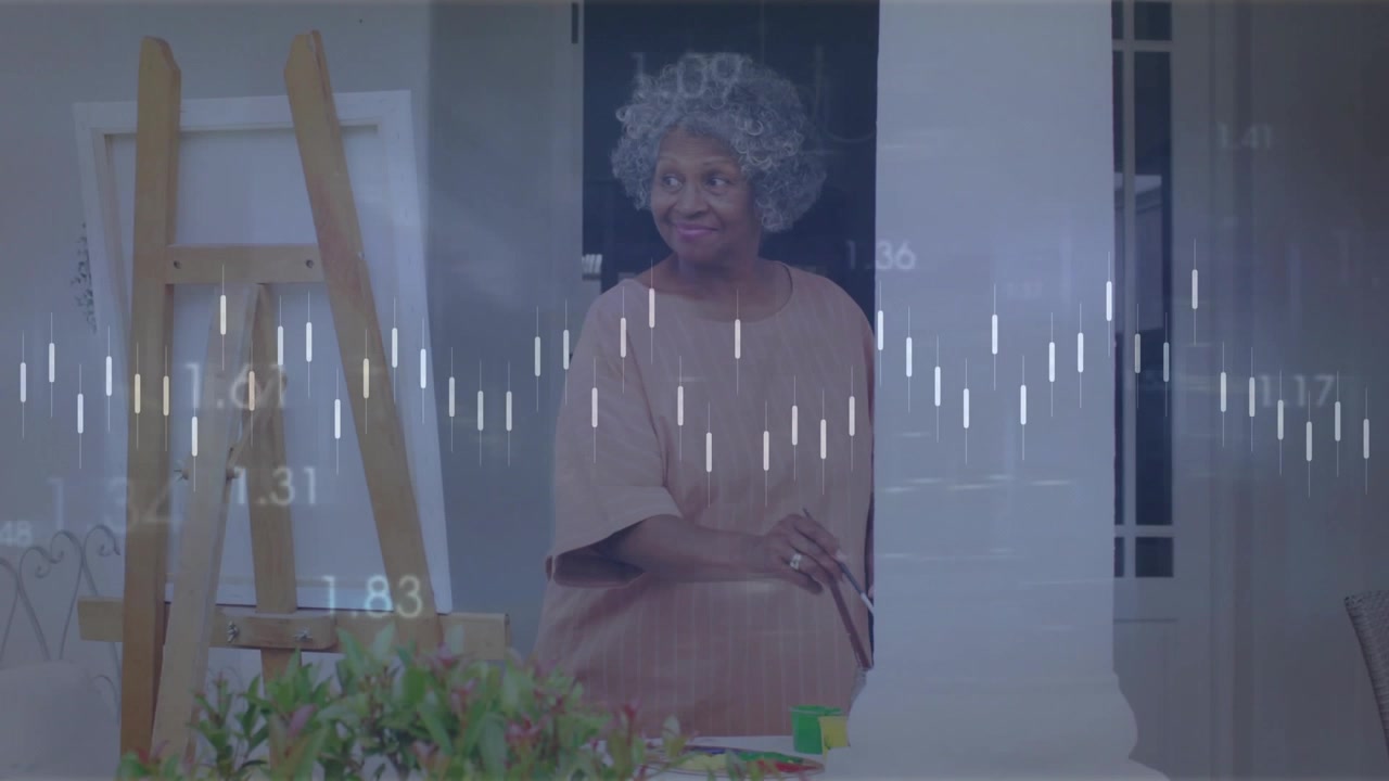 Senior woman touching supplies and picking brush in art studio, HUD waveforms guiding layout