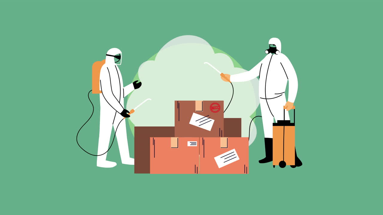 생물 안전복과 소독제 스프레이를 입은 직원, 상자에 넣은 서비스