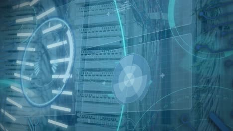animation of infographic interface with circles and 5g text over server room